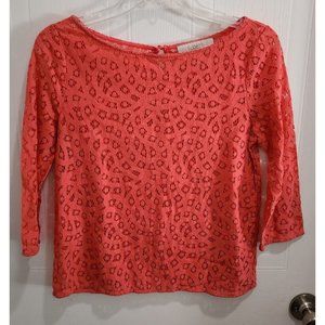 Ann Taylor Loft Women's Sheer Lace 3/4 Sleeve Boat Neck Blouse Top Pink Size XXS